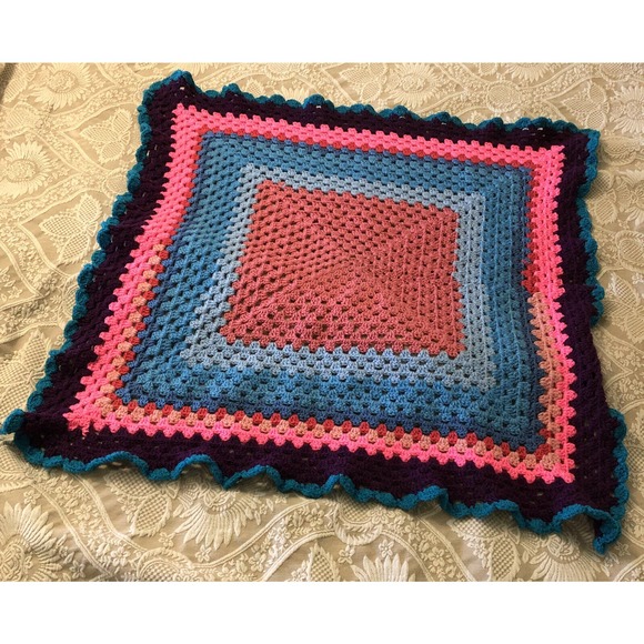 Afghan Handmade Multicolored Lap Throw Blanket Border Edge 35x37 - Picture 2 of 7